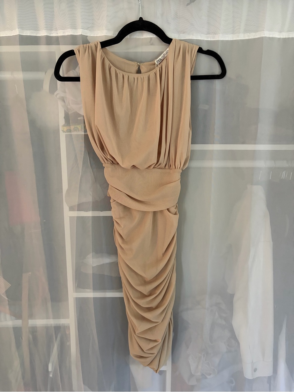Zara Nude Beige Ruched Midi Dress